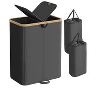 SONGMICS Laundry Basket with 2 Compartments, 150 Liter Laundry Sorter with Lid, Laundry Bin, Removable Laundry Bags, for Laundry Room, Bedroom, Living Room, Ink Black and Natural Bamboo LCB523B01