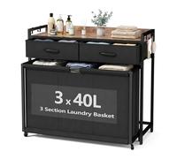 Laundry Basket with 3 Compartments, Laundry Hamper with 2 Drawers & Shelf, 3 x 40L Laundry Sorter Bag for Washing, Wash Basket for Laundry Room, Bathroom (Black)