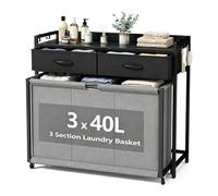 Laundry Basket with 3 Compartments, Laundry Hamper with 2 Drawers & Shelf, 3 x 40L Laundry Sorter Bag for Washing, Wash Basket for Laundry Room, Bathroom (Grey)