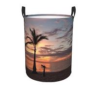 Laundry Basket With Handles Tropical Beach Sunset Print Laundry Hamper Round Dirty Storage Clothes Basket Protable Storage Bin Organizer