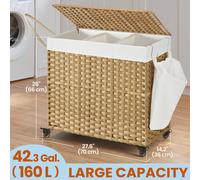 SONGMICS Laundry Basket with Lid, 160 L, Rolling Laundry Hamper with Wheels, 3-Compartment Synthetic Rattan, Removable Liner, for Laundry Room, Bedroom, 70 x 36 x 66 cm, Natural LCB365N01
