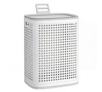 SONGMICS Laundry Basket with Lid, Plastic Laundry Hamper, 19.8 Gallons (75 L), Slim Storage Basket, for Bathroom, Bedroom, White and Grey RLH021WG01