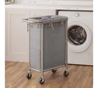 Laundry Basket with Wheels, 2-Section Rolling Laundry Hamper, Dove Grey / 90L (61 x 29 x 81 cm)