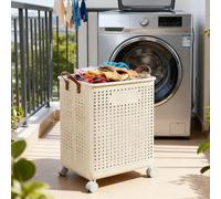 Laundry Basket with Wheels, Large Capacity Laundry Hamper with Wheels, Large Clothes Hamper on Wheel, Handle Design Waterproof Dirty Clothes Basket with Breathable Mesh Holes Beige L