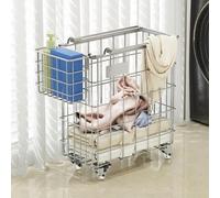 Laundry Basket with Wheels, Rolling Hamper Cart, 360° Steering, Side Basket, Silver Metal Wire Clothes Baskets, Ideal for Laundry, Yoga Mats, and More