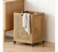 Laundry Basket with Wheels, Rolling Hamper with Handle, Rattan Weaving Craftsmanship, Large Narrow Clothes Storage for Laundry Room and Bedroom