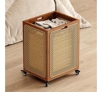 Laundry Basket with Wheels, Rolling Hamper with Handle, Rattan Weaving Craftsmanship, Large Narrow Clothes Storage for Laundry Room and Bedroom
