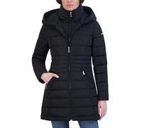 Laundry by Shelli Segal Women's Windbreaker Puffer Coat- Mid-Length Fit & Flare Jacket, Side Velvet Tape, Raven, Medium