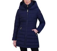 Laundry by Shelli Segal Women's Windbreaker Puffer Coat- Mid-Length Fit & Flare Jacket, Side Velvet Tape, Azure, Medium