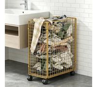 Laundry Cart with Wheels, Metal Folding Hamper Organizer, Large Space-Saving Dirty Clothes Basket for Bedroom, Balcony, Bathroom, Hollowed-out Grid Design