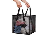 Laundry Hamper Bag with Handles,Portable &Collapsible Dirty Clothes Mesh Basket Foldable for Washing Storage, Kids Room,Dorm or Travel (Black, Single-Layer)