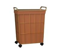 Laundry Hamper on Wheels, Rolling Laundry Basket with Leather Liner Bag & Handle, Gold Metal Frame, Lid, Ideal for Bedroom Organization