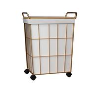 Laundry Hamper on Wheels, Rolling Laundry Basket with Leather Liner Bag & Handle, Gold Metal Frame, Lid, Ideal for Bedroom Organization
