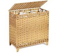 Laundry Hamper with 3 Removable Liner Bags, 132L Laundry Sorter with Lid | Raised Feet; Side Carry Handles; Handwoven PP Rattan; Rust-Resistant Iron Frame; Decorative Woven Design