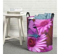 Laundry Hamper with Handles Laundry Basket Pink flower purple butterfly Round Laundry Baskets Circular Hamper for Bathroom Organizer Basket Lightweight Storage Baskets for Bathroom