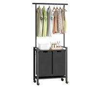 Laundry Hamper with Hanging Rod, 2 Bag Laundry Sorter on Wheels, Clothes Rail with Shelf, Rolling Laundry Basket for Bedroom Bathroom Utility Room, Black Rustic Brown