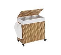 SONGMICS Laundry Basket, Handwoven Laundry Hamper, 140L Rattan-Style Washing Basket with 3 Compartments, Removable Liner, Handles, Lid, Living Ro
