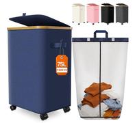 Laundry Hamper with Wheels, 20 Gal/75L Laundry Basket with Lid and Handle, Collapsible Clothes Basket Organizer with Bamboo Frame and Removable Inner Bag for Bedroom, Dorm, Laundry Room (Blue 75L)