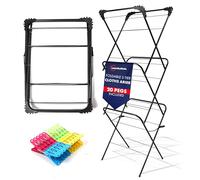 Laundry Mate 3-Tier Clothes Airer with 20 Pegs - Foldable Laundry Drying Rack with Non-Slip Feet - Durable Steel Frame, Extra Large Drying Space - Ideal For Indoor & Outdoor (Black)