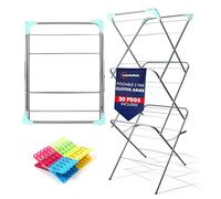 Laundry Mate Extendable Clothes Airer with 20 Pegs - 3 Tier Foldable Laundry Rack for Indoor & Outdoor Use - 12m Drying Space Clothes Horse Dryer Rack with Non-Slip Feet, Water & Rust-Resistant