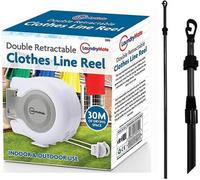 Double Retractable Clothes Line Reel White WITH 2 x 2.4M Extending Washing Line Cloths Prop Laundry Support Extendable Pole Telescopic