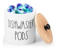 Laundry Pods Container w Lid, Dishwasher Pod Holder Wide Opening Wood Laundry Detergent Pods,Beads Scent Booster Powder Detergent Dispenser, Dishwasher Tablet Container for Bathroom Storage (White)