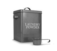 Laundry Powder Tin with Scoop | Grey Dishwasher Detergent Container | Cleaning & Washing Supplies | Coated Steel Box with Lid | Carry Handles | M&W