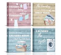 Laundry Room Canvas Wall Art, 12"x12" Funny Laundry Rules Prints Canvas Wall Decor, Rustic Laundry Funny Quotes Poster Printing Artwork for Washroom Bathroom Cleaning Room Laundry Room, Set of 4