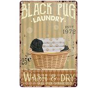 Laundry Room Decor For Wall Black Pug Dog Laundry Company Wash and Dry Tin Sign Decoration Vintage Chic Metal Poster Wall Decor Art Gift for Laundry Room Farmhouse Door 12x8 Inch