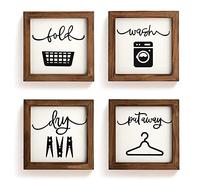 Laundry Room Decor for Wall Farmhouse Signs Set of 4 Wash Dry Fold Put Away Rustic Decor for Shelf Laundry Wall Art with Wood Frame Decorative Room Sign 8'' x 8''