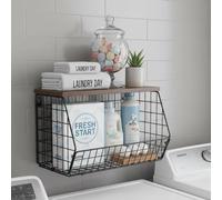 Laundry Room Shelf, Over Washing Machine Storage Unit with Hooks, Hanging Storage Baskets & Wall Organiser Metal Wood Material for Towels, Tissues, Detergent and Laundry Accessories