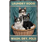 Laundry Room Wash Dry Cats Retro Tin Sign, Funny Cat Tin Sign for Washroom, Cat Gifts for Cat Lovers, Farmhouse Kitchen Vintage Metal Tin Signs 5.5x8 Inches