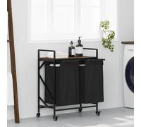 Laundry Sorter 67x33x82cm Steel Frame Brown Oak Shelf Black Fabric Bags Durable