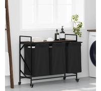 Laundry Sorter Cart 3-Bag Black Steel Frame Brown Oak Shelf 99 x 33 x 82 cm Slim