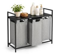 Relaxdays Laundry Basket with Shelf, 3 pull-out laundry baskets, black/grey | 40 litres each, fabric, HxWxD: 73 x 92.5 x 33 cm