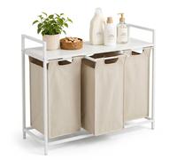 Relaxdays Laundry Basket with Shelf, 3 pull-out baskets, white/beige | 40 litres each, fabric, HxWxD: 73 x 92.5 x 33 cm