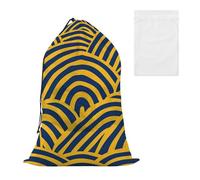 Laundry Travel Storage Bag with Small Mesh Laundry Bag Set Easy Fit Laundry Hamper or Basket Drawstring Closure Room Clothes Organizer Yellow and Blue Curved Lines