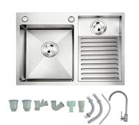 Laundry tub with Washboard,Freestanding Heavy Duty Utility Sink Ideal for Workshop, Laundry Room Outdoor Indoor Garage Easy Clean Double-Bowl(Silver-Right,60x48x22 cm)