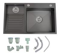 Laundry Utility Sink with Washboard, Stainless Steel Kitchen Sink, Wash Basin Easy Clean Double-Bowl, Indoor/Outdoor Handwashing Station for Bathroom, Laundry, Garage(Black-Left,60x48x22 cm)