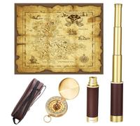 Laupha Retro Pirate Telescope Zoomable with Treasure Map 25x30 Spyglass Portable Collapsible Handheld Telescope Vintage Monocular for Kids & Survival Gear Compass Pocket Military Compass