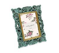 Laura Ashley 2x3 Light Blue w/Gold Vintage Inspired Resin Scroll Design Picture Frame with Thin Border, Horizontal & Vertical for Tabletop and Wall Display, Home D cor (2x3, Light Blue w/Gold)