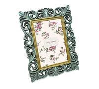 Laura Ashley 4x6 Light Blue w/Gold Vintage Inspired Resin Scroll Design Picture Frame with Thin Border, Horizontal & Vertical for Tabletop and Wall Display, Home D cor (4x6, Light Blue w/Gold)