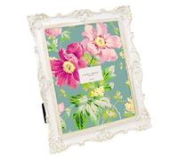 Laura Ashley 8x10 White & Gold Ornate Textured Hand-Crafted Resin Picture Frame w/Easel & Hook for Tabletop & Wall Display, Decorative Floral Design Home Décor, Photo Gallery, Art (8x10, White/Gold)