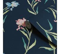 Laura Ashley Botanical Diary Midnight Seaspray Hawling Irises Smooth Wallpaper