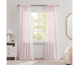 Laura Ashley Bow Ribbon Window Curtains with Rod Pocket, 84-inch Length, 2 Panels Set, Light Filtering, Pink