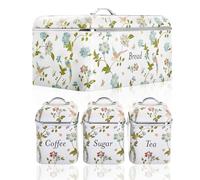 Laura Ashley Bread Bin Removable Lid, Stainless Steel and Set of 3 Canisters With Hand Applied Elveden White Print VQBB66CLAWUK / VQBB25LAEWUK, EEJB454