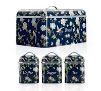 Laura Ashley Bread Bin Removable Lid, Stainless Steel and Set of 3 Canisters With Hand Applied Elveden Navy Print, VQBB66CLANUK / VQBS25LAENUK, EEJB452