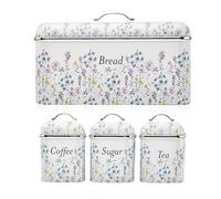 Laura Ashley Bread Bin Removable Lid, Stainless Steel and Set of 3 Canisters With Hand Applied Wild Meadow Print, VQBB66CLAWMUK / VQBB25LAWMUK, EEJB453