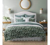 Laura Ashley Cotton Bedding with Matching Shams, Home Decor with Plaid Reverse, Bramble Floral Green, Queen