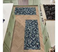 Laura Ashley Dark Navy Aria Floral Border Machine Washable & Slip Resistant 2 Piece Set - 26" x 45" Accent Rug & 26" x60" Runner Rug